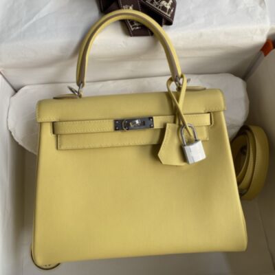 Hermes Kelly Retourne 25 Handmade Bag in Jaune Poussin Swift Calfskin
