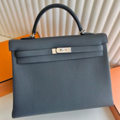 Hermes Kelly Retourne 35 Handmade Bag in Gris Misty Clemence Leather