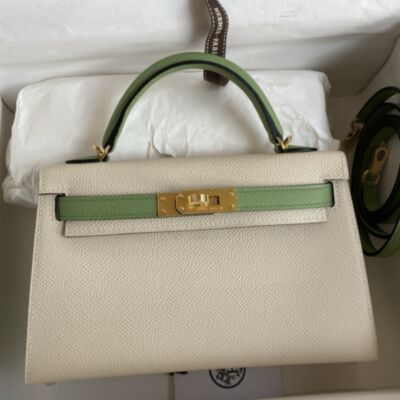 Hermes Kelly Mini II Sellier Bicolor Handmade Bag in Craie and Vert Criquet Epsom Calfskin
