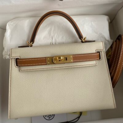 Hermes Kelly Mini II Sellier Bicolor Handmade Bag in Craie and Gold Epsom Calfskin