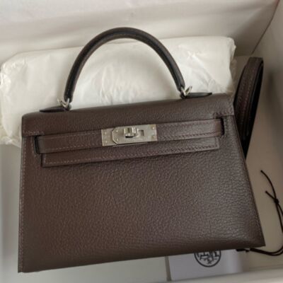 Hermes Kelly Mini II Verso Sellier Handmade Bag in Ebene Chevre Mysore Goatskin