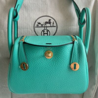 Hermes Mini Lindy Handmade Bag in Vert Verone Clemence Leather