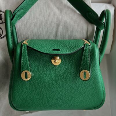 Hermes Mini Lindy Handmade Bag in Vert Vertigo Clemence Leather