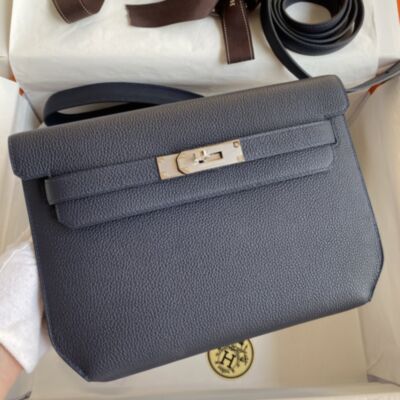 Hermes Kelly Depeches 25 Pouch in Blue Nuit Clemence Leather
