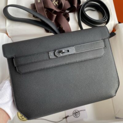 Hermes Kelly Depeches 25 Monochrome Pouch in Black Clemence Leather