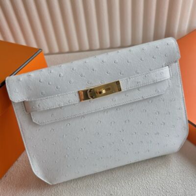 Hermes Kelly Depeches 25 Pouch in White KK Ostrich Leather