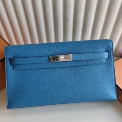 Hermes Kelly Elan Handmade Bag in Blue Frida Chevre Mysore Leather