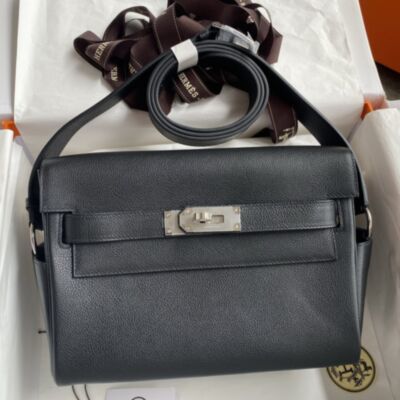 Hermes Kelly Messenger PM Bag in Black Evercolor Leather