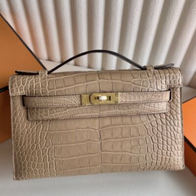 Hermes Kelly Pochette Handmade Bag in Chai Matte Alligator Leather