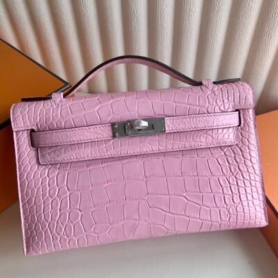 Hermes Kelly Pochette Handmade Bag in Rose Bubblegum Matte Alligator Leather