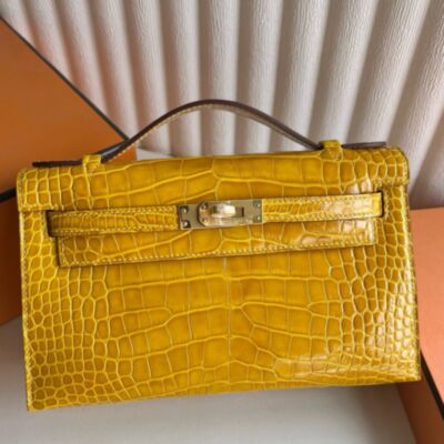 Hermes Kelly Pochette Handmade Bag in Jaune Ambre Shiny Alligator Leather
