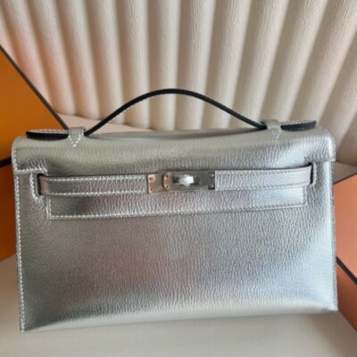 Hermes Kelly Pochette Handmade Bag in Argent Chevre Mysore Leather
