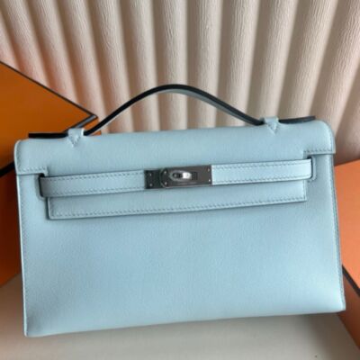 Hermes Kelly Pochette Handmade Bag in Blue Zephyr Swift Calfskin
