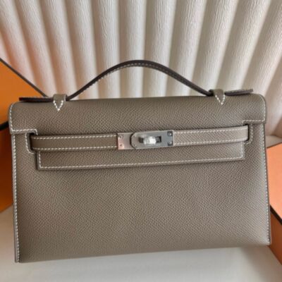 Hermes Kelly Pochette Handmade Bag in Etoupe Epsom Calfskin