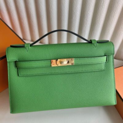 Hermes Kelly Pochette Handmade Bag in Vert Yucca Epsom Calfskin