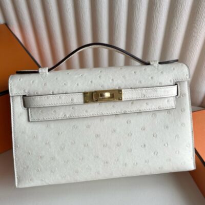 Hermes Kelly Pochette Handmade Bag in Nata Ostrich Leather