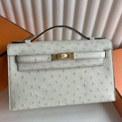 Hermes Kelly Pochette Handmade Bag in Parchemin Ostrich Leather