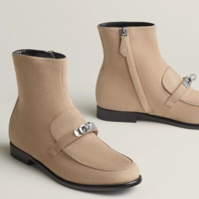 Hermes Kelsy Ankle Boots in Beige Suede Calfskin 