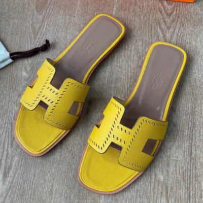 Hermes Oran Slide Sandals in Jaune Ambre Epsom Perforated Calfskin