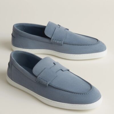 Hermes Men's Job Loafers in Blue Grignon Suede Calfskin