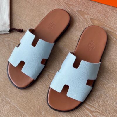 Hermes Izmir Sandals in Blue Brume Epsom Calfskin with Gold Insole