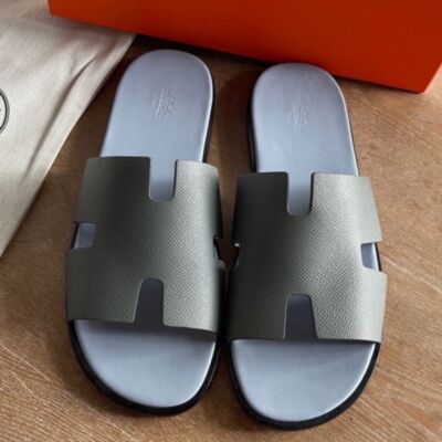 Hermes Izmir Sandals in Vert Amande Epsom Calfskin with Blue Insole