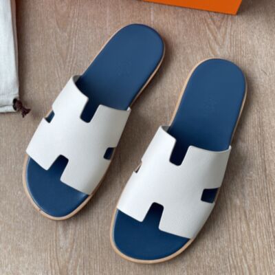 Hermes Izmir Sandals in White Epsom Calfskin with Blue Insole