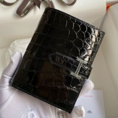 Hermes Bearn Compact Wallet in Black Shiny Alligator Leather