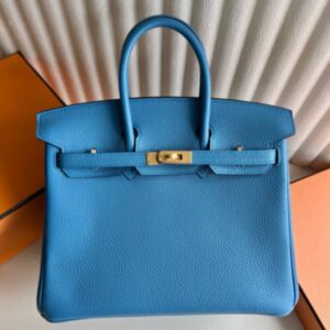 Hermes Birkin 25 Retourne Handmade Bag in Blue Paradis Clemence Leather
