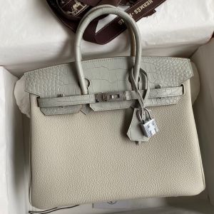  Hermes Touch Birkin 25 Bag in Pearl Grey Togo and Matte Alligator Leather