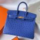 Hermes Birkin 25 Retourne Handmade Bag In Blue Zellige Ostrich Leather