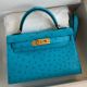 Hermes Kelly Mini II Sellier Handmade Bag in Turquoise Blue Ostrich Leather