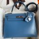 Hermes Kelly Sellier 28 Handmade Bag in Blue Jean Box Calfskin 