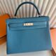 Hermes Kelly Retourne 32 Handmade Bag in Blue Jean Clemence Leather