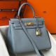 Hermes Kelly 25cm Retourne Bag In Blue Lin Clemence Leather