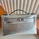 Hermes Kelly Pochette Handmade Bag in Argent Chevre Mysore Leather