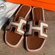 Hermes Oran Slide Sandals in Gold Swift Calfskin with Canvas