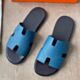 Hermes Izmir Sandals in Blue Epsom Calfskin with Black Insole