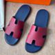 Hermes Izmir Sandals in Ruby Epsom Calfskin with Blue Insole