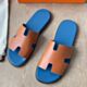 Hermes Izmir Sandals in Gold Swift Calfskin with Blue Insole