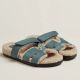 Hermes Women's Chypre Sandals in Blue Suede with Shearling