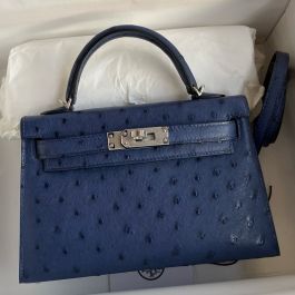 Replica Hermes Kelly Mini II Sellier Handmade Bag In Blue Iris Ostrich Leather