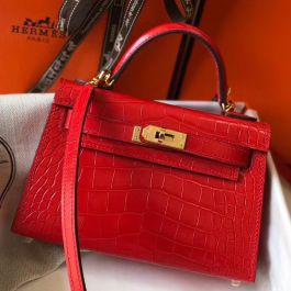 Replica Hermes Kelly Mini II Handmade Bag In Red Crocodile Embossed Leather