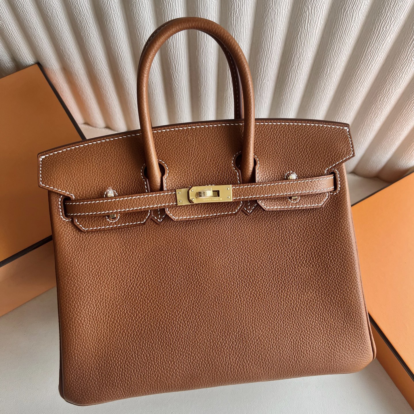 Hermes Birkin 25 Retourne Handmade Bag in Gold Barenia Faubourg Calfskin