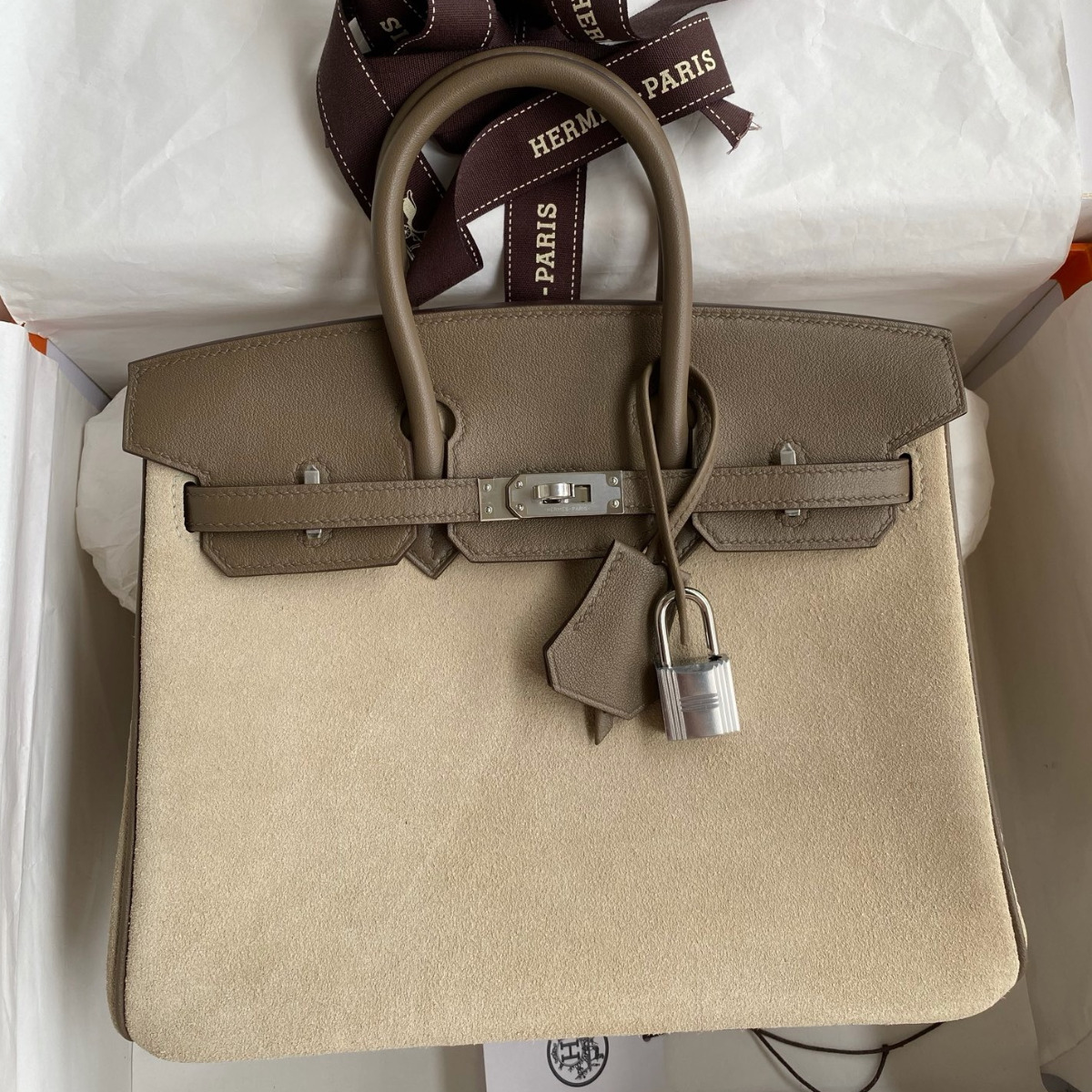 Hermes Birkin 25 Grizzly Bag in Beige Doblis Suede and Swift Leather