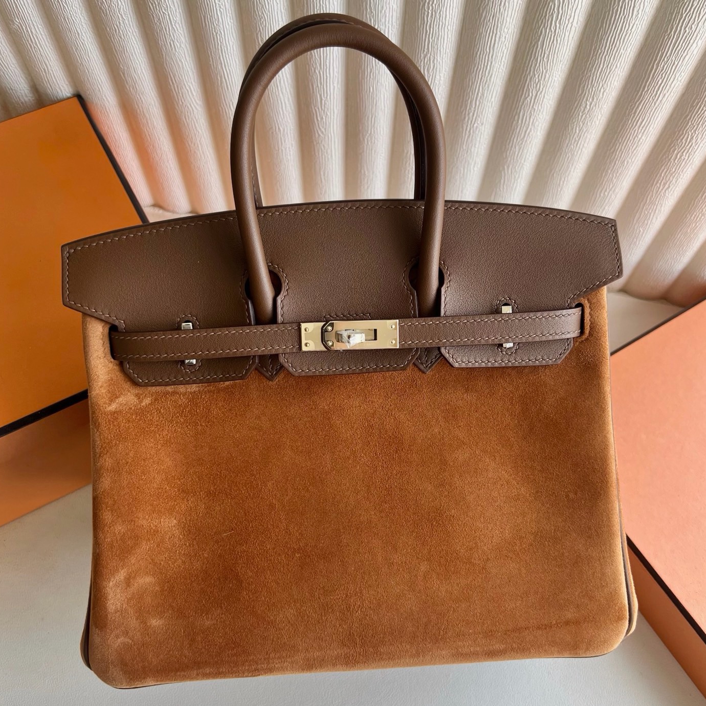 Hermes Birkin 25 Grizzly Bag in Gold Doblis Suede and Swift Leather