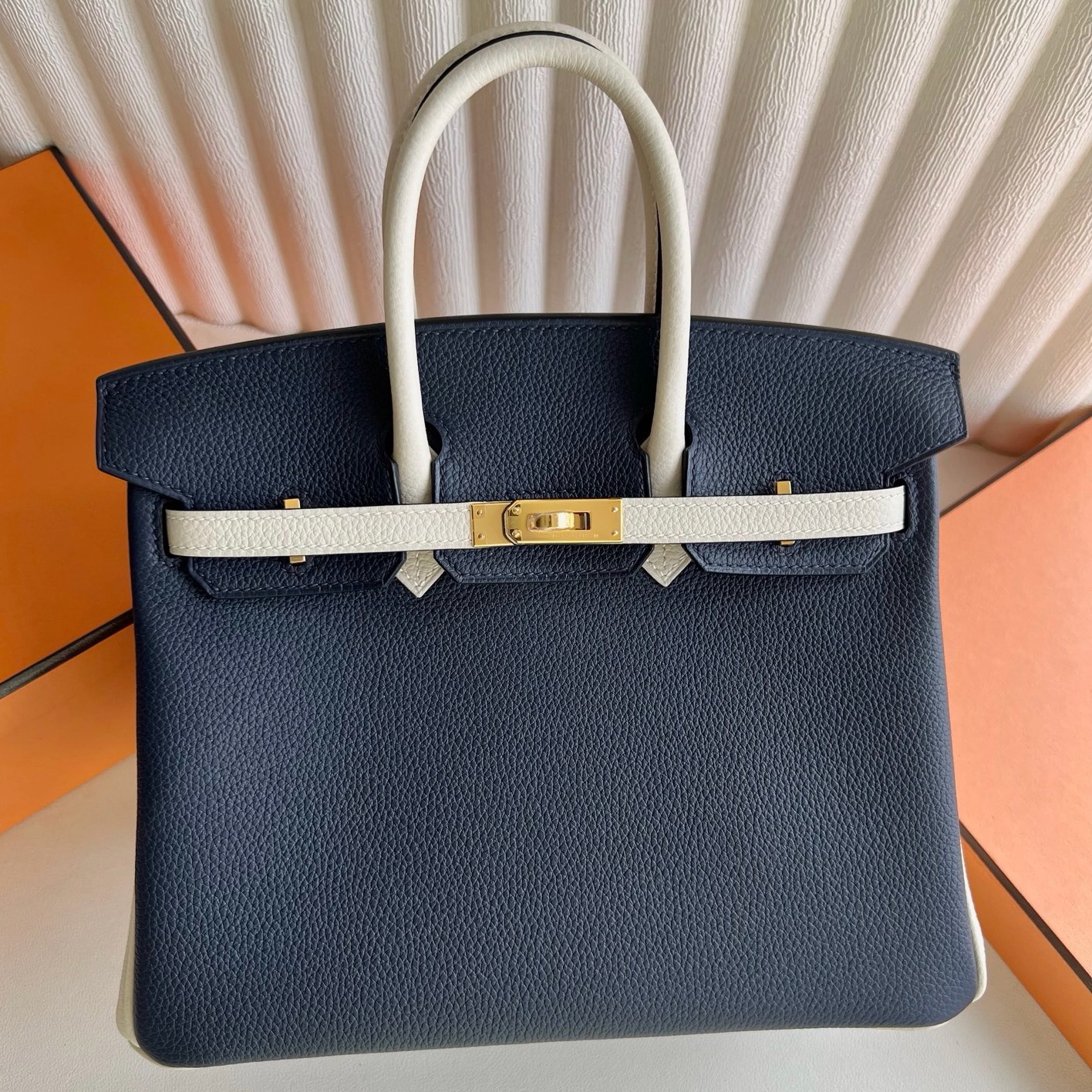 Hermes HSS Birkin 25 Bag in Blue Nuit and Craie Clemence Leather