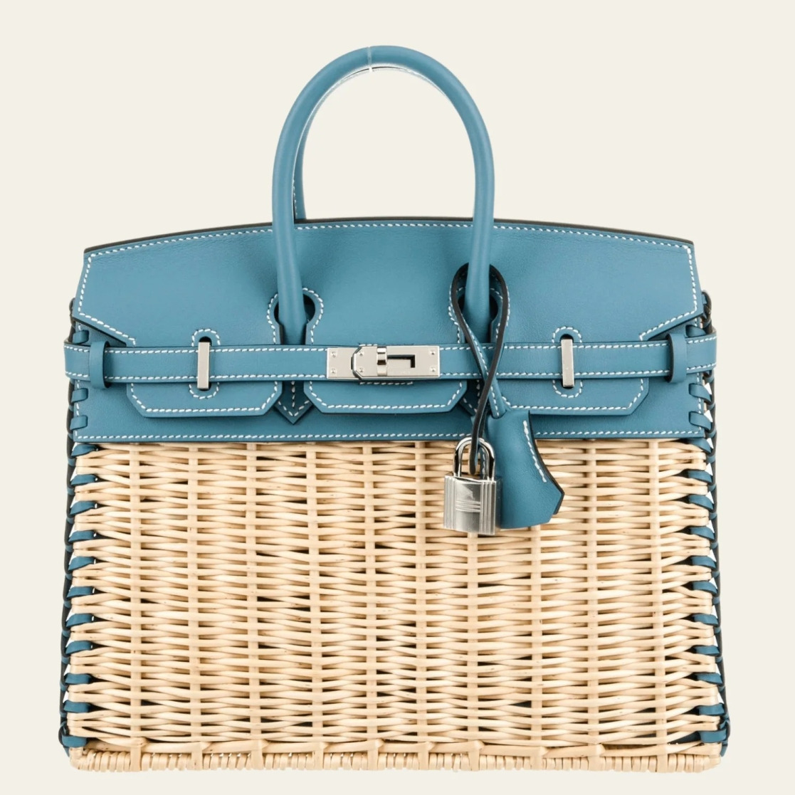 Hermes Picnic Birkin 25 Bag in Wicker with Blue Jean Swift Calfskin