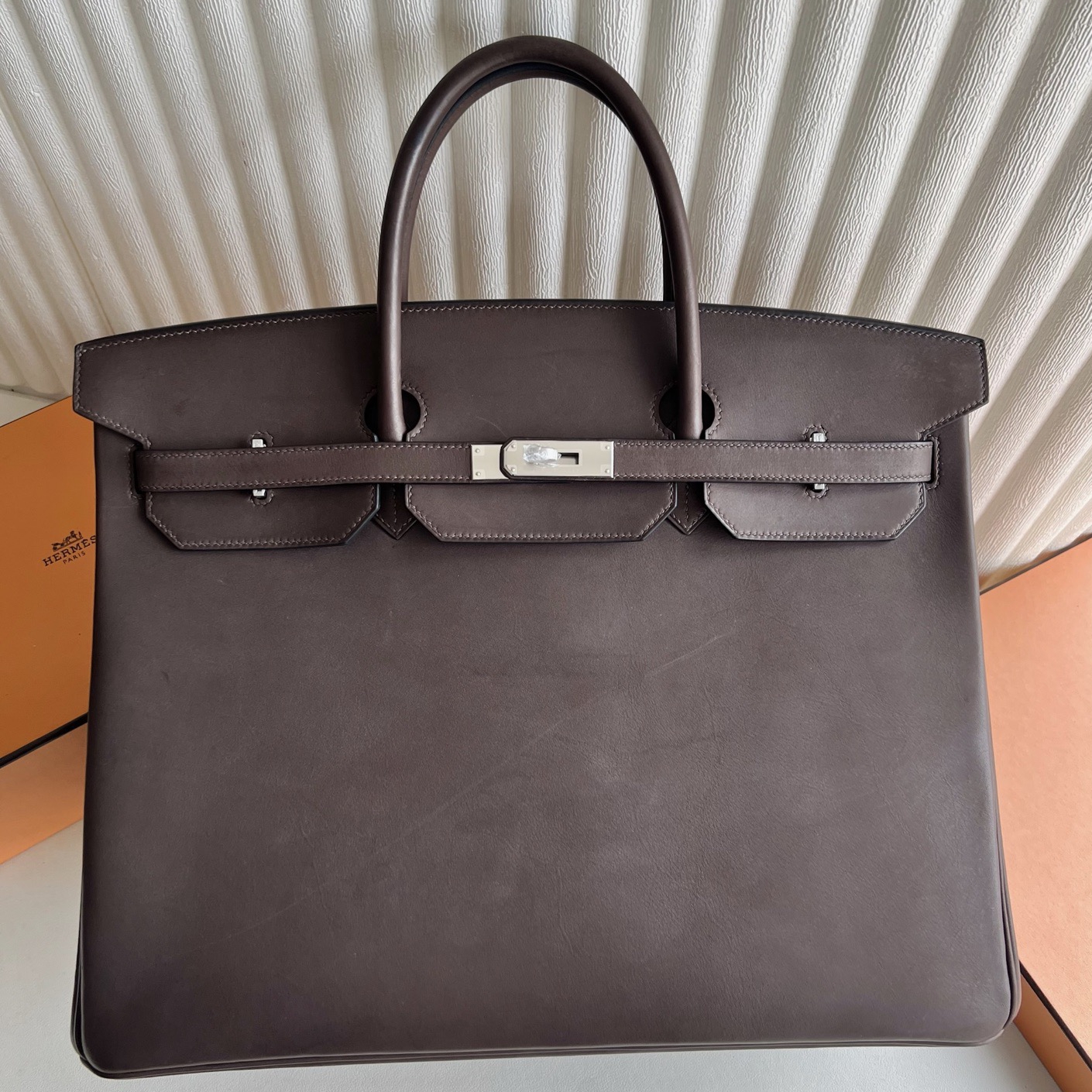 Hermes Birkin 40 Retourne Handmade Bag in Ebene Barenia Calfskin 