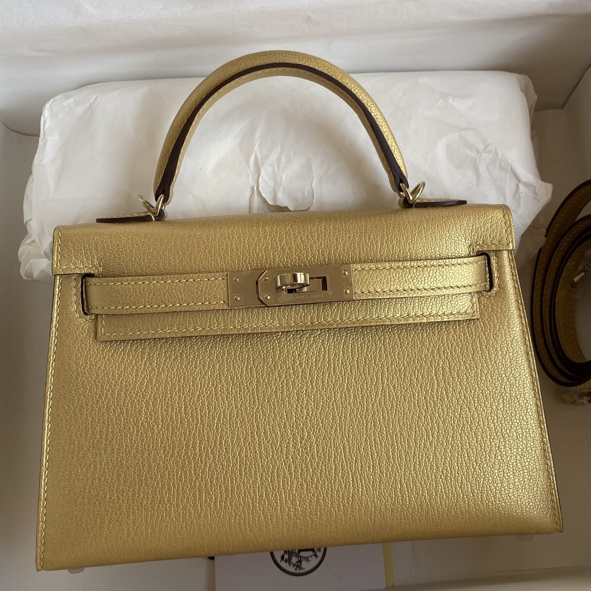Hermes Kelly Mini II Sellier Handmade Bag in Dore Chevre Mysore Leather